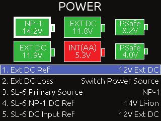 External DC Power via SL-6 Normal Voltage (Green) Battery Power via NP-1 in SL-6 Warning Voltage (Yellow) The color, which could also appear