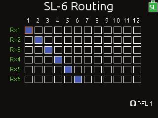 User Guide 3. Turn and press the Headphone encoder to select SL-6. The SL-6 Routing screen is displayed. Wireless receiver outputs are represented as rows and 688 inputs are represented as columns.