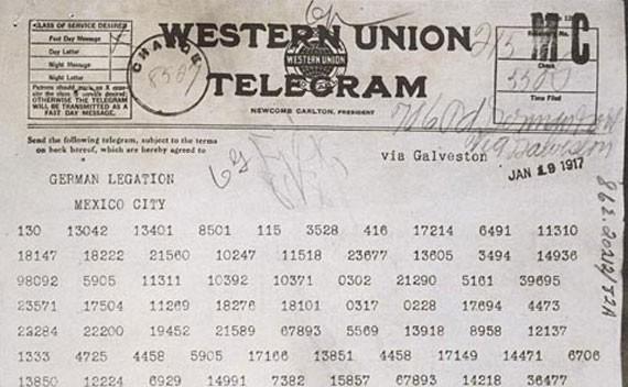11 4. Zimmermann Telegram Left: The encrypted version of the Zimmermann telegram obtained from Mexican telegraph office. Right: A portion of the Telegram as decrypted Room 40.