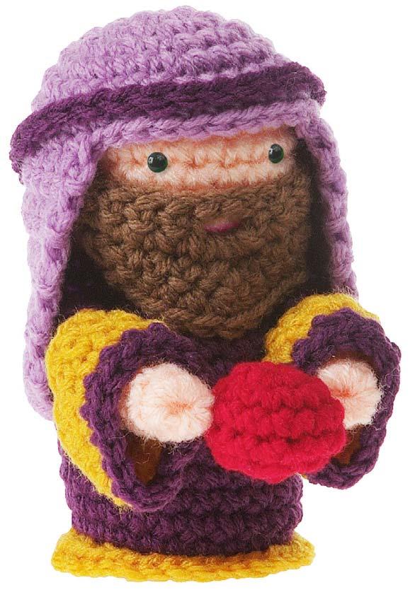 Second Wise Man (with purple outfit) About 5 1 2" tall Worsted-weight Worsted-weight yarn: small amounts yarn: small skin amounts color, skin lavender, purple, color, gold, lavender, red, medium