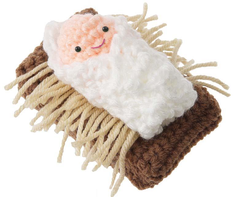 Baby in Manger About 2 1 2" x 4" Worsted-weight Worsted-weight yarn: small amounts yarn: small skin amounts color, skin color, white, medium white, pink, medium tan and pink, browntan and brown H