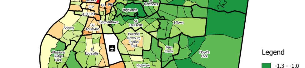 F5 Map of MPI Explanation: The MPI indicator was developed for this report by the Greater Louisville Project. It is designed to indicate overlapping deprivations at the neighborhood level.