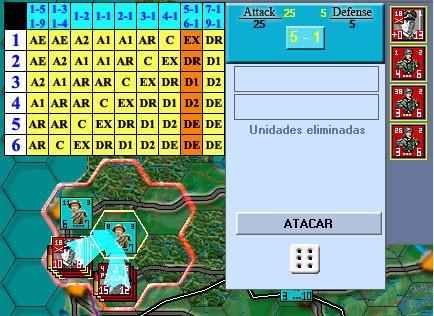Example of ATTACK, in this case a total of 7 German units (4 in a hexagon and in the other), attack a Russian unit, there are no advantages of either the attacker or the defender, the attack ratio of