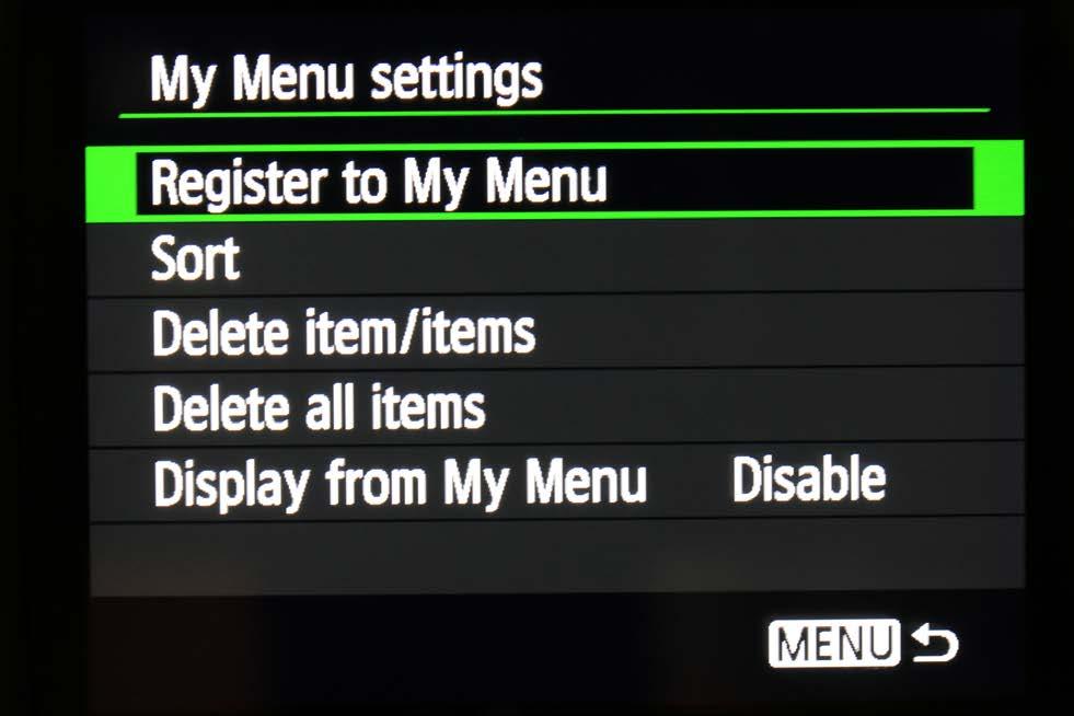 The My Menu option allows the photographer to create their own personal menu comprised of their 6 favourite commands from the total menu system.