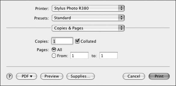 5. Open the File menu and select Print. You see a window like this one: Select Stylus Photo R380 Select Print Settings 6.