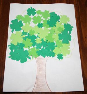 Green Trees Different shades of green foam shamrocks White construction paper Brown marker or crayons Glue Purchase foam