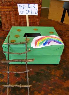 Build a Leprechaun Trap Cardboard boxes Different shades of green construction paper Different shades of green markers Green stickers Green Legos, sticks and other building materials Scissors