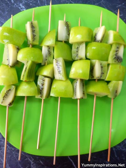 Green Fruit Kabobs Skewers Kiwi Green apples Plastic knives Paper plates Purchase fruit Peel the kiwis Cut