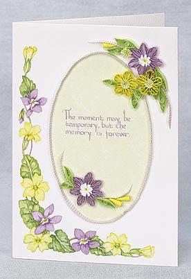 Primrose Card Extra Materials Required: Quilling paper, 3mm: Lilac, Very Pale Lilac, Yellow, Lime Green and Very Pale Green. 5mm: White. Green Parch Marque paper 10cm x 14cm.