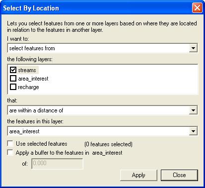 2. Select the GIS Layers Folder in the Project Explorer 3. Select the Selection Select by Location menu command. 4. Make sure the dialog matches the following figure (Figure 2) and select Apply.