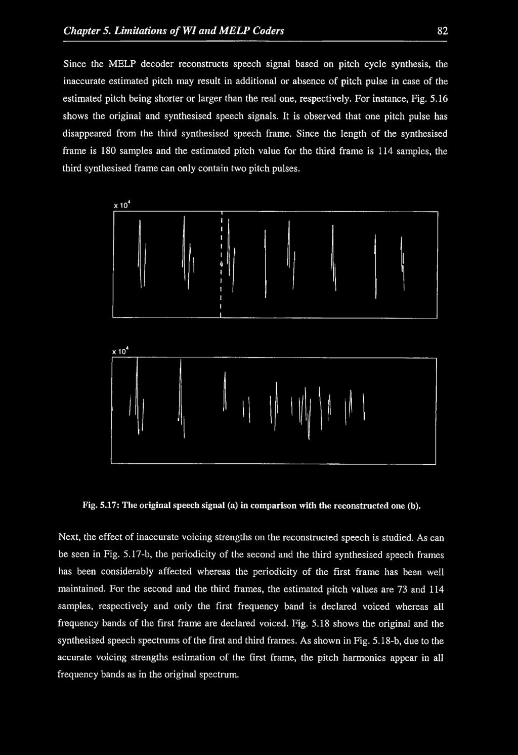 pitch pulse in case of the estimated pitch being shorter or larger than the real one, respectively. For instance, Fig. 5.16 shows the original and synthesised speech signals.
