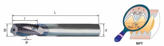 Thread Milling Cutters Solid Carbide Helical NPT with Coolant-Thru Pitch Standard Tap Size Ød ØD No. of I (TPI) Flutes Description 27 1/8 5/16 0.299 3 0.43 2.50 MTB0312C04 27 NPT 570060 276.