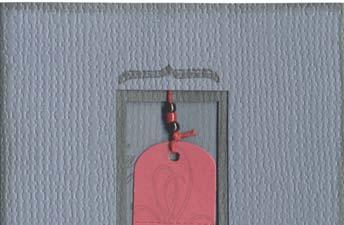 Thread linen with beads and attach securely to the smooth side of the center die cut panel of the Grey card. 2.