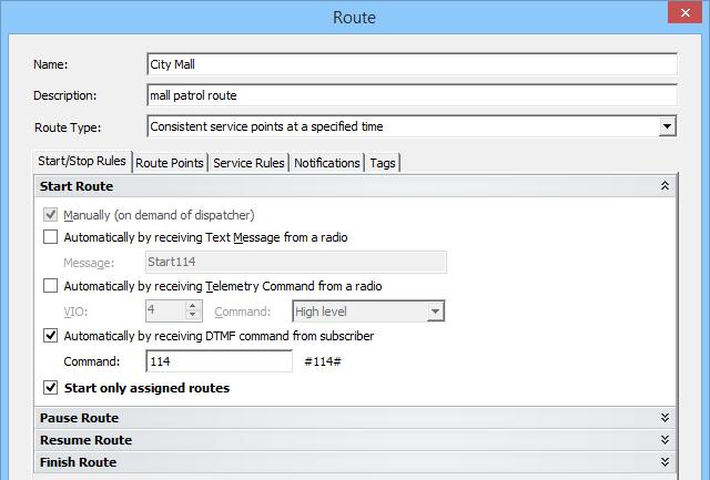 1.2.1. Setting Start/Stop Rules By default, a guard tour can be started, paused, resumed, and stopped manually by a Dispatch Console operator.
