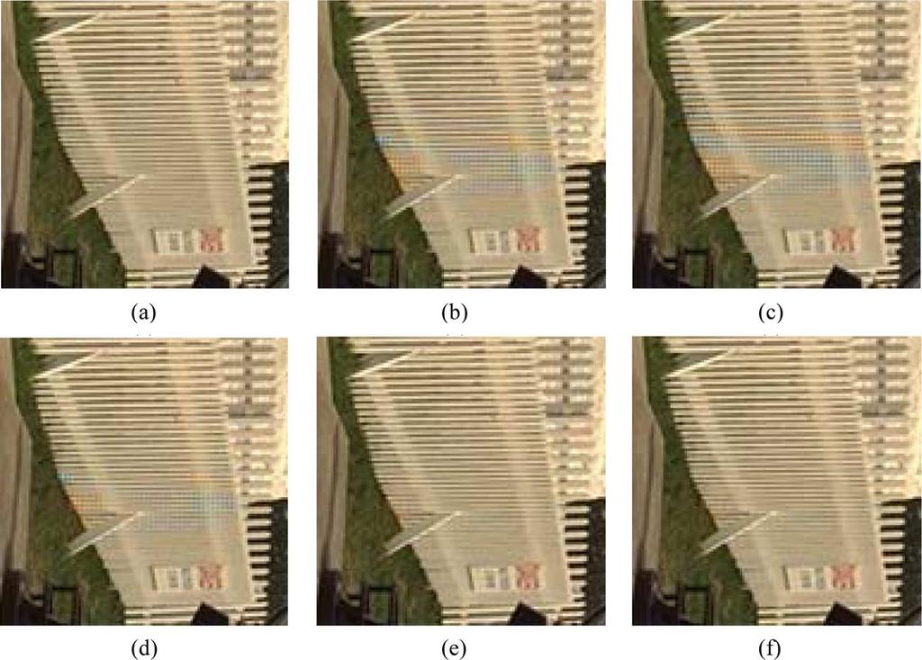 TSAI AND SONG: HETEROGENEITY-PROJECTION HARD-DECISION COLOR INTERPOLATION 89 Fig. 10. Zoom-in demosaicing results of test image No. 20. (a) Original picture; Demosaiced result in interpolation step.