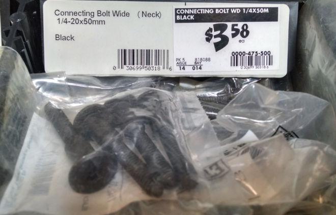 The standard bolts for OPTION 1 is Black Oxide Finish (4 bolts are required) Black Oxide Finish bolts from Home Depot come in a 4-pack for $2.