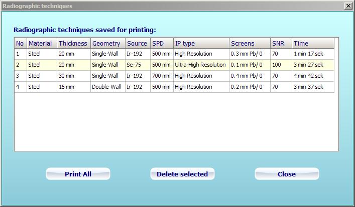 6. Printing the radiographic techniques Radiographic techniques prepared and saved in the Exposure time tab can be reviewed in a separate program window opened by clicking on the View techniques