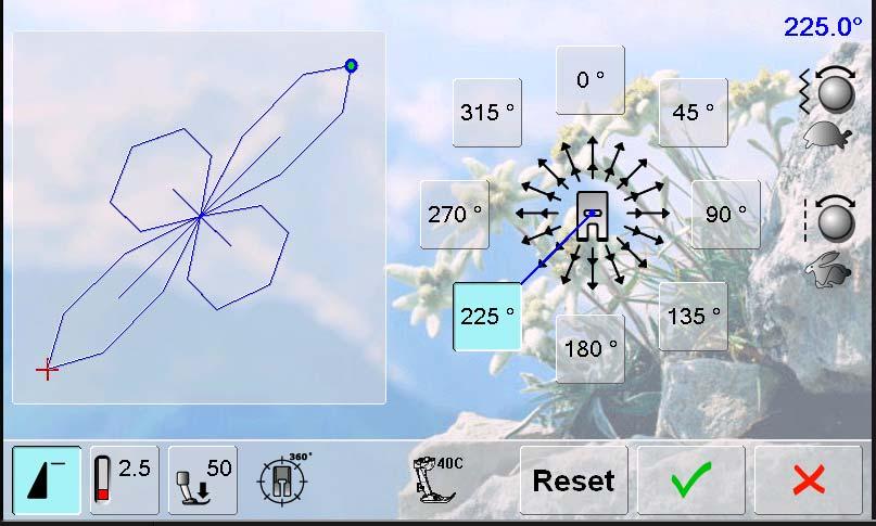 Rotate the selected stitch in 45º increments by touching one of the direct-selection buttons on the screen (indicated by the red circles in the graphics below). Rotate in 0.