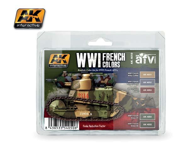 AK4050 WWI FRENCH COLORS 11 This set offers the modeller the fi ve most common colours used by tanks and artillery units of the French Army during the Great War.