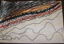 Use black marker to draw wavy, choppy lines from the horizon to the mid-ground line. Draw on top of the coloured lines and increase the use of black towards the mid-ground line.