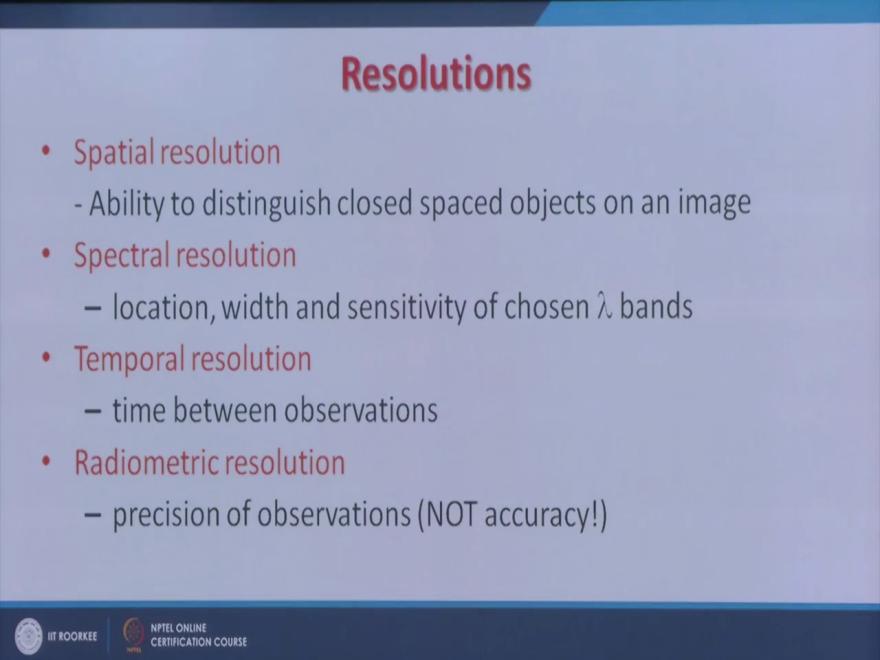 (Refer Slide Time: 19:15) Now we come to different types of resolutions and first we take the spatial resolution which we have been mentioning few times which is basically the if we look the