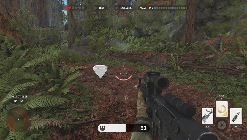 EnterING the BaTTlefrONT GAME ScrEEn - ON FOOT Game information Reticle Collectibles Heat gauge Hand Scanner Health bar Power-up slot Game InformaTION The top area of the screen is reserved for