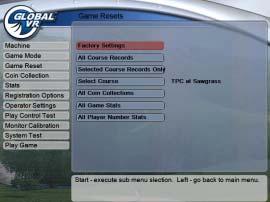 Chapter 5 Operator Menu and Game Setup Game Resets Menu This menu lets you restore factory settings to the cabinet, and reset course, coin collection, game, and player statistics.