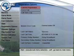 Chapter 5 Operator Menu and Game Setup Registration Options The Registration Options screen allows you to register or unregister a cabinet, or restore a registered cabinet if you reload the software.