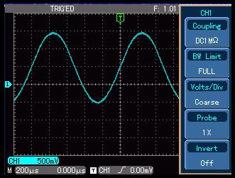 1. Setting up channel coupling : Take an example of applying a signal to CH1. The signal being tested is a sine signal that contains DC%. Press [ F1] to select AC then press [ F2] to select AC 1MΩ.