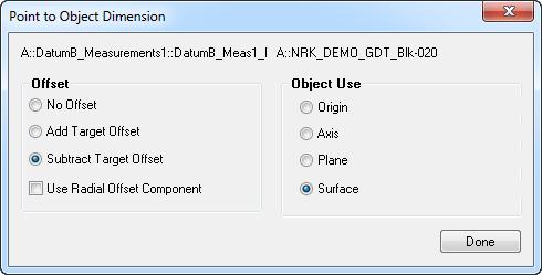 Simply select GD&T > Evaluate All Feature Checks. Point to object dimensions can now compensate for radial offsets in addition to planar offsets. Simply check the Use Radial Offset Component option.