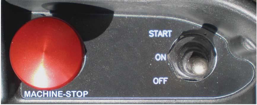 Fig. 14: Machine Stop Switch and OFF-ON-START Toggle Options 3.2.1 Turning On the Transmitter (with Standard Status LED Indicator[s]) 3.2.1.1 Transmitters Equipped with Separate Power/Status and Battery LED Indicators First, the Machine Stop switch must be in the raised position (pulled out).