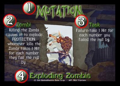 Mutation Card Layout (1) Title: Indicates the type of card. (2) Zombi: Instructions to be followed if the player selects one or more Zombis to resolve.