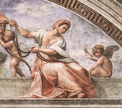 Title: Temperance Artist: Raphael Date: c. 1509 Technique/Medium: fresco (wall) Location: Stanza della Segnatura, Palazzi Pontifici, Vatican.