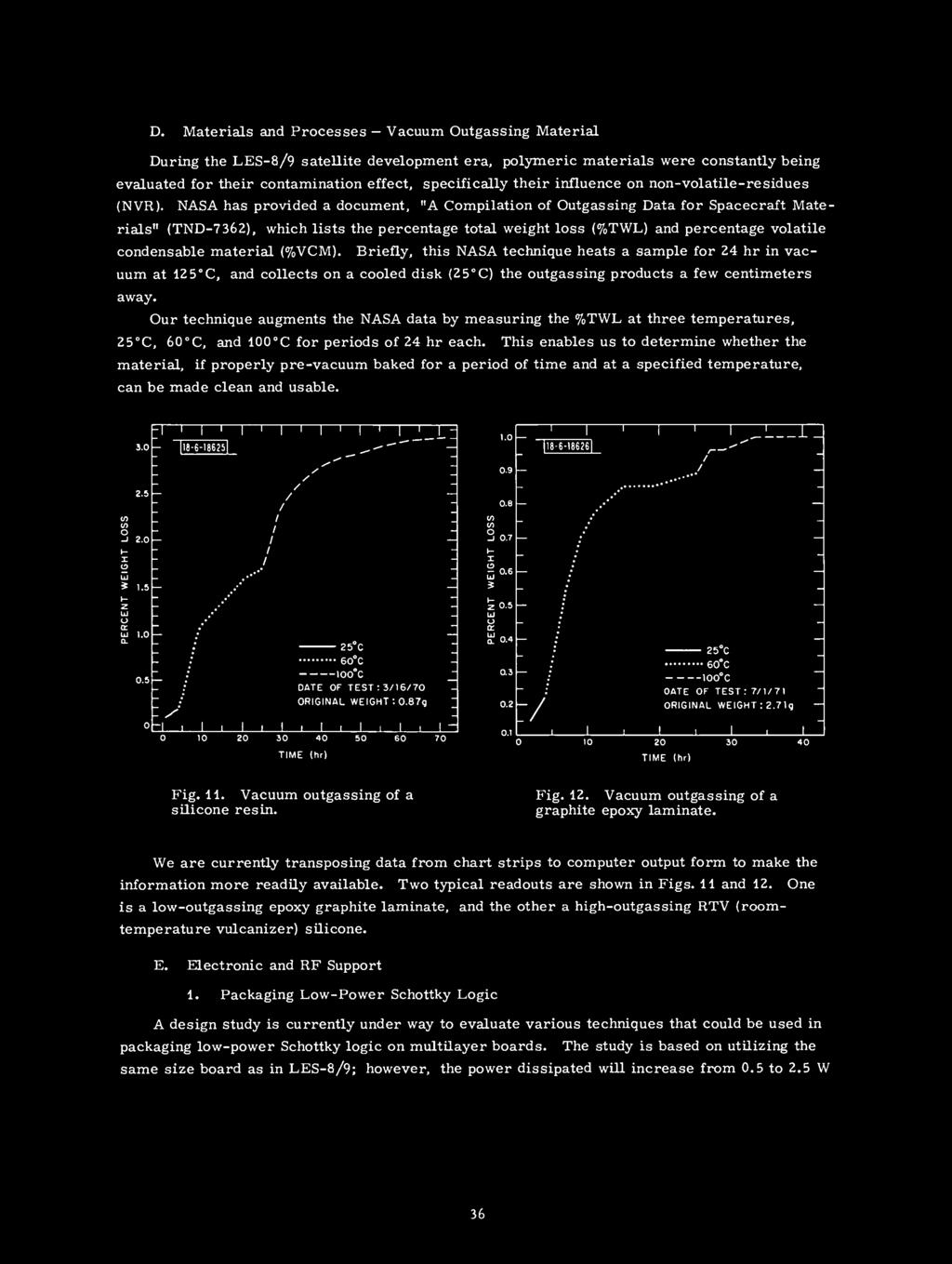 NASA has provided a document, "A Compilation of Outgassing Data for Spacecraft Mate- rials" (TND-7362), which lists the percentage total weight loss (%TWL) and percentage volatile condensable