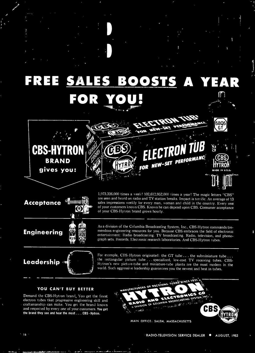 And CBS-Hytron tubes. Leadership For example, CBS-Hytron originated: the GT tube... the subminiature tube... the rectangular picture tube... specialized, low-cost TV receiving tubes.