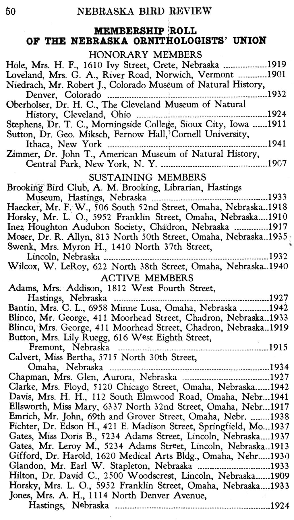 50 NEBRASKA BIRD REVIEW MEMBERSHIP :ROLL OF THE NEBRASKA ORNITlIOLOGISTS' UNION HONORARY MEMBERS Hole, Mrs. H. F., 1610 Ivy Street, Crete, Nebraska... 1919 Loveland, Mrs. G. A.