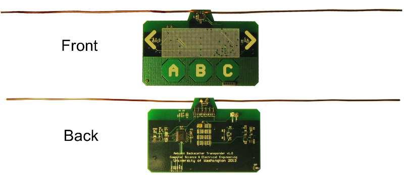 Figure 2 Prototype: A photo of our prototype PCB that can harvest, transmit and receive without needing a battery or powered reader.