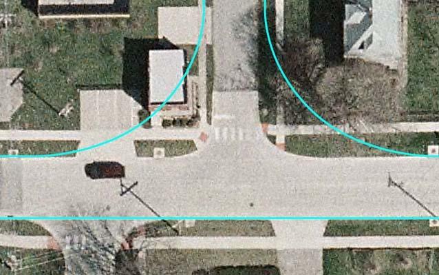 Figure 3: T-intersection, virtual (blue) overlaid on real world. Procedure The simulator and on-the-road trials involved two drives in NADS-1 and one on-the-road drive in the teen s personal vehicle.
