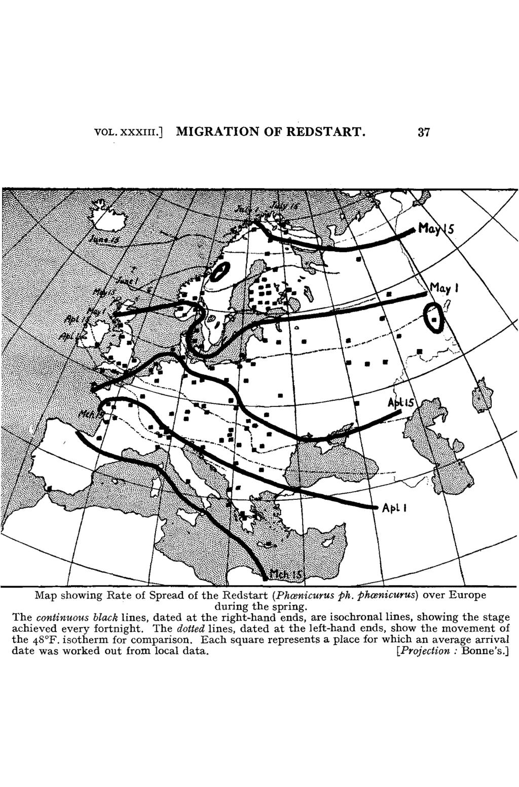 VOL. XXXIII.] MIGRATION OF REDSTART. 37 Map showing Rate of Spread of the Redstart (Phmnicutus ph. phcenicurus) over Europe during the spring.