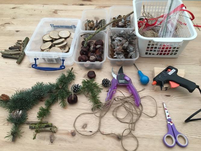 We then set about making the decorations from all the seeds, nuts, cones and twigs we