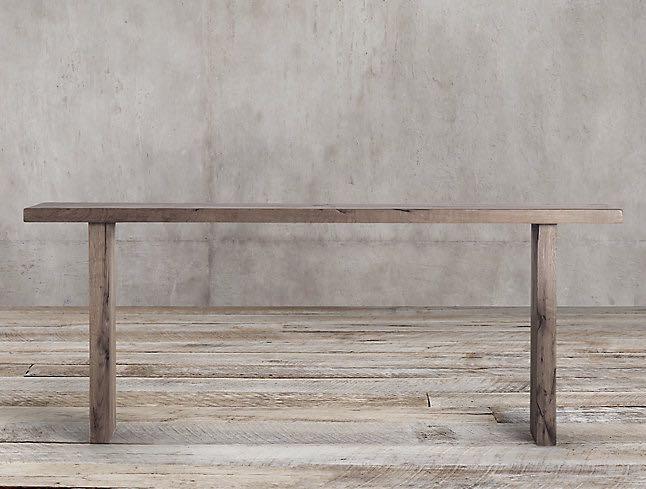 NIGHTSTAND GREY FINISH RECLAIMED RUSSIAN OAK PLANK CONSOLE TABLE GREY FINISH BUCKLE CHAIR CHOCOLATE BROWN LEATHER