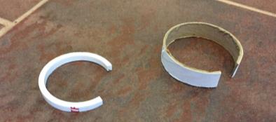 Figure 2d: Completed C-Rings. PVC on left, Cardboard on right. Option 2 is to cut them from the 2 PVC pipe Step : Cut a -/4 inch section out of the length of the 2 PVC pipe, Figure 2b.