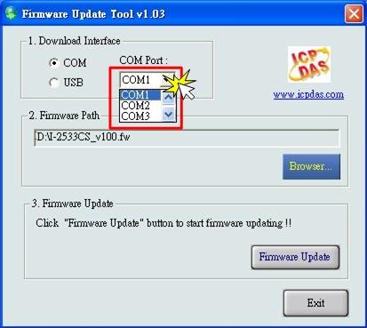Step 5: Execute the Firmware Update Tool. Step 6: Select the necessary COM port of PC.