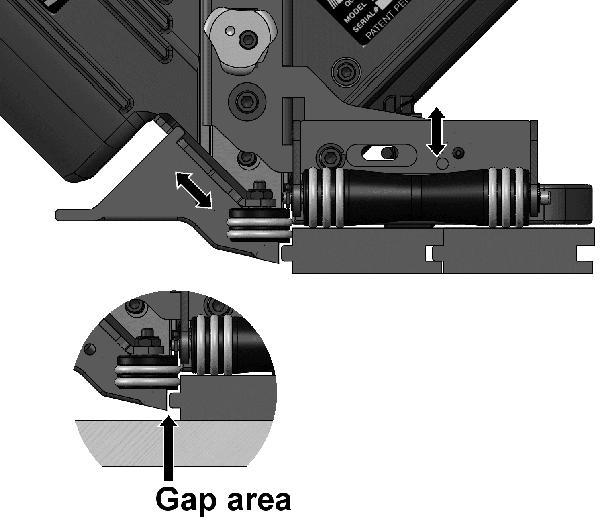 With the tool in an upside down position, place a short piece of flooring against the gate/foot assembly. Engage the Allen wrench in knob (B) as shown; rotate to move the base up or down.
