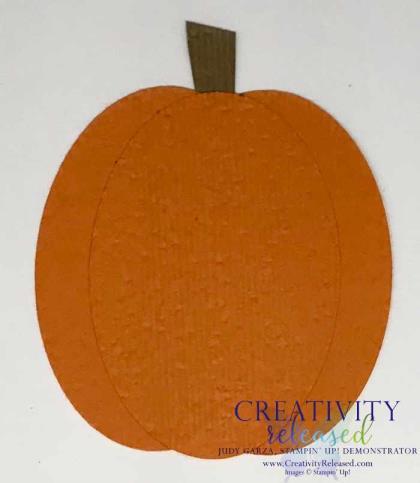 Add a small stem hand cut from Soft Suede cardstock. October Emboss the Pumpkin Pie SC with Dot to Dot EF. Punch Cat from Basic Black cardstock.