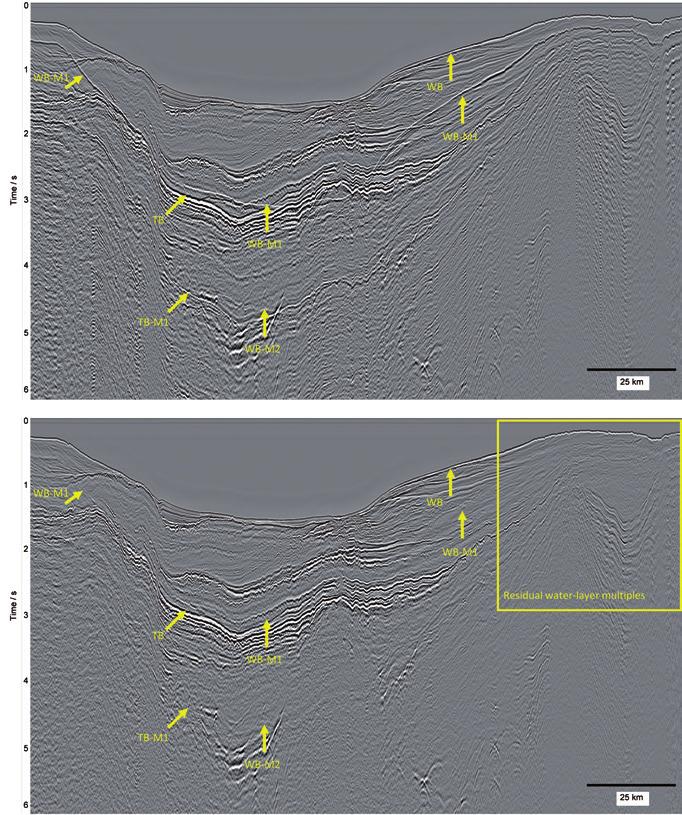 a) b) Figure 2 Stacked section before and after application of 2D SRME which shows generally very effective attenuation of multiple energy.