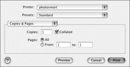 Note: If you are using OS X, the Copies & Pages panel opens. If you are using OS 9, the General panel opens. 6 Select the print settings appropriate for your project.