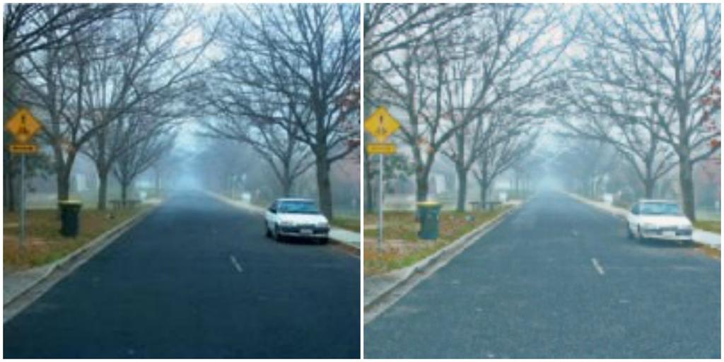, Tan s method reduces fog but produces unnatural output image with stark edges.