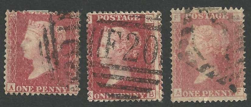 1d Red short, normal, and tall stamps (F20 is postmark for