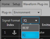 Orientation Signal Format selection Signal Format selection The Environment plug-in supports generation of two signal formats (RF/IF and IQ).
